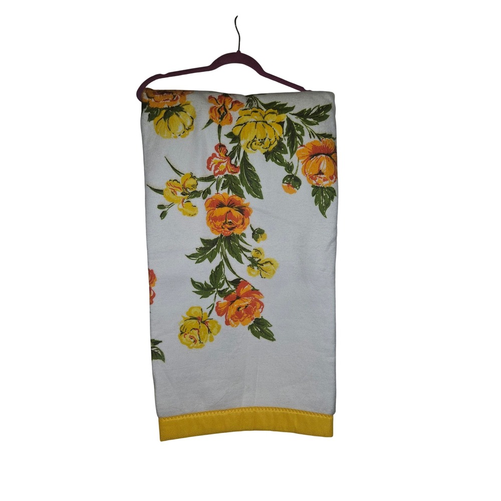 Vintage 70s Floral Thermal Blanket White Yellow Orange Rose Satin Trim Retro